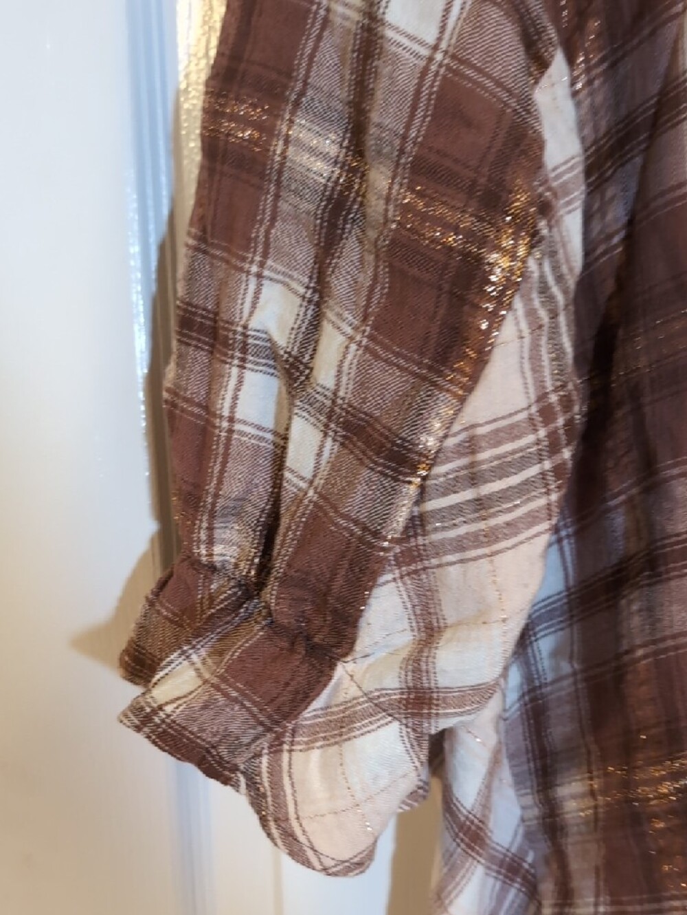 Cato Brown and Cream Plaid Button-Up Top with Metallic Thread - Picture 3 of 4